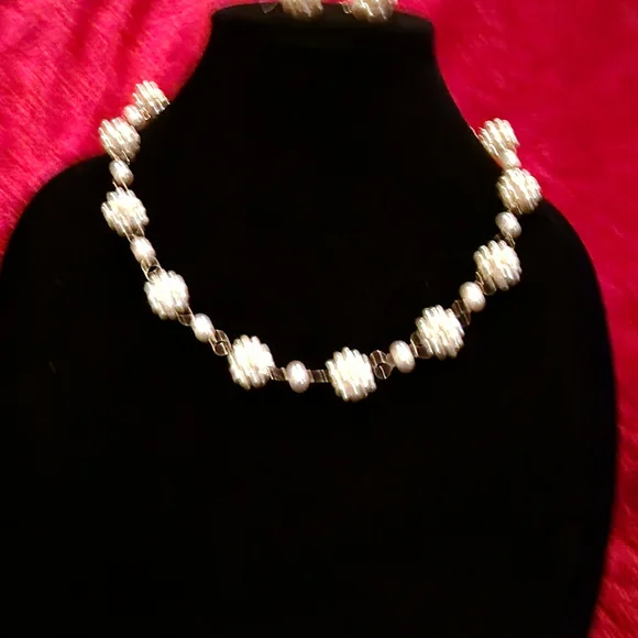 STERLING Faux Pearl Cluster Necklace and Drop Earrings Set - White